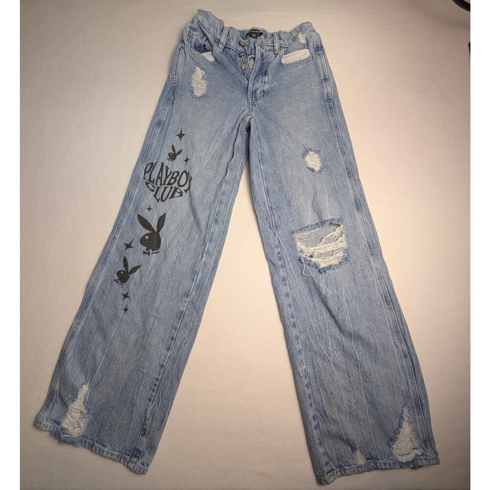 Playboy by PacSun Super Distressed Baggy Wide Leg Jeans Size 23 Button Fly